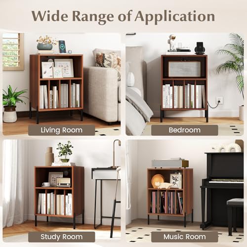 GOFLAME Record Player Stand with Charging Station, Turntable Stand Holds Up to 150 Albums, Vinyl Record Holder with 5 Storage Compartments and Metal Legs for Living Room Bedroom Office, Walnut GOFLAME