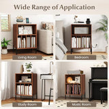 GOFLAME Record Player Stand with Charging Station, Turntable Stand Holds Up to 150 Albums, Vinyl Record Holder with 5 Storage Compartments and Metal Legs for Living Room Bedroom Office, Walnut GOFLAME