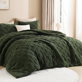 Litanika Fluffy Queen Size Comforter Set Olive Green, 3 Pieces Warm Sherpa Fleece Winter Bedding Set, Jacquard Checkered Plush Fuzzy Blanket Bed Set(1 Comforter, 2 Pillowcases)