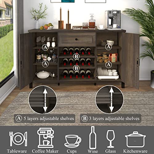 FATORRI Industrial Coffee Bar Cabinet with Wine Rack, Wood Buffet and Sideboard with Storage Cabinet, Rustic Credenza Cupboard for Kitchen Dining Room (55.12 Inch, Walnut Brown) FATORRI