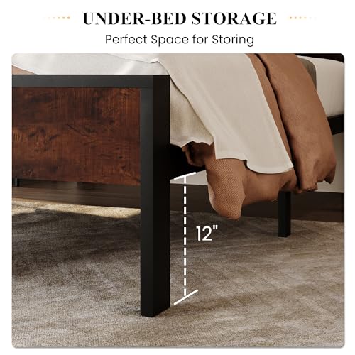 SHA CERLIN 14 Inch Twin Size Metal Platform Bed Frame with Wooden Headboard and Footboard, Mattress Foundation, No Box Spring Needed, Large Under Bed Storage, Heavy Duty Slats Support, Mahogany SHA CERLIN
