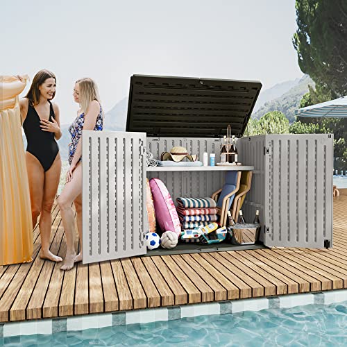 Greesum Outdoor Horizontal Resin Storage Sheds 34 Cu. Ft. Weather Resistant Resin Tool Shed, Extra Large Capacity Weather Resistant Box for Bike, Garbage Cans, Lawnmowe, Without Divider, White Greesum