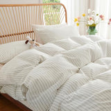 Nayoroom Striped Duvet Cover Queen Size 100% Washed Cotton White Brown Stripe Duvet Cover 3 Pieces Soft Breathable Girls Dorm Bedding Set for All Seasons, Yarn Dyed Process Nayoroom