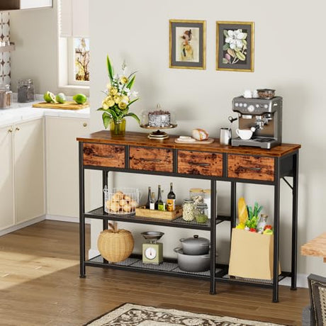 Furnulem Entryway Table 47'' Sofa Console Table with 4 Fabric Drawers, Industrial Entry Way Shoe Rack with Metal Mesh Shelf for Front Door, Foyer Wooden Top, Sturdy Metal Frame, Rustic Brown Furnulem