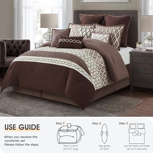 LANCO MODERN LIFESTYLE King Size Comforter Set, Brown, 10 Piece Bed in a Bag for All Seasons, Luxury Extreme Comfort Bedding Sets with Bedskirt, Pillow Shams, Euro Shams and Decor Pillows LANCO MODERN LIFESTYLE