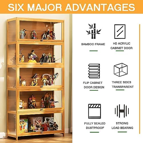 idhhco 5-Tier Display Cabinet with Acrylic Doors, 67” Transparent Bamboo Curio Display Case for Figures, Display Shelves for Collectibles & Kids Bookcase for Home, Office, Playroom, Living Room