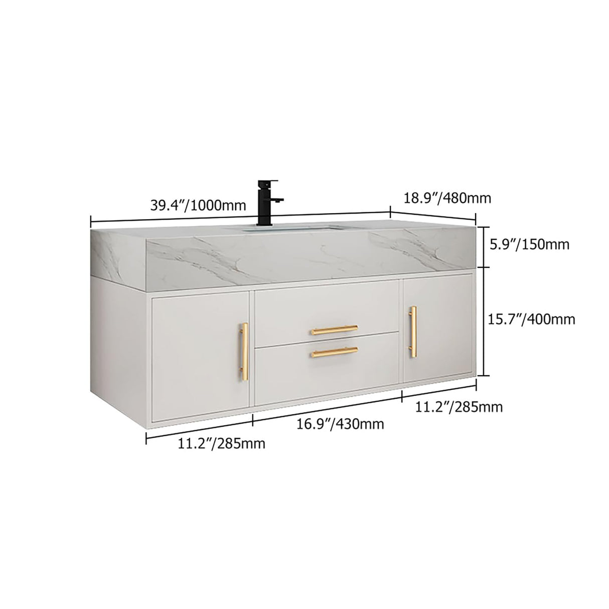Weibath 39" White Floating Bathroom Vanity Set Stone Top Wall Mounted Bathroom Cabinet Weibath