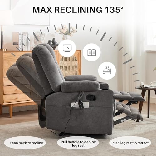 Recliner Chair with Massage and Heat,Chenille Recliner Sofa Chairs for Adults,Wall Hugger Recliners for Living Room, Reclining Armchairs with Cupholders, Dark Gray
