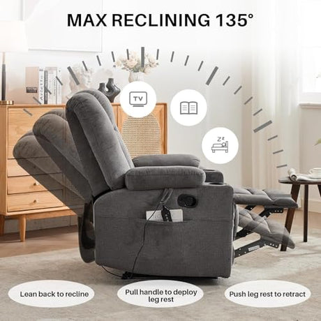 Recliner Chair with Massage and Heat,Chenille Recliner Sofa Chairs for Adults,Wall Hugger Recliners for Living Room, Reclining Armchairs with Cupholders, Dark Gray BAMCANFUR
