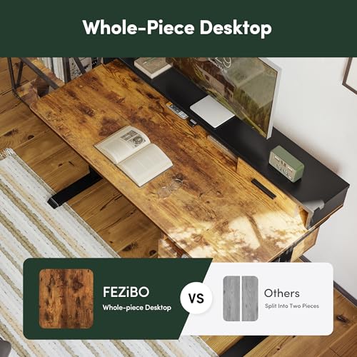 FEZIBO Whole-Piece Electric Standing Desk Adjustable Height with 3 Drawers, 48 x 24 inches Stand up Desk with Monitor Shelf, Sit Stand Rising Desk with Open Storage, Rustic Brown (2 Packages) - WoodArtSupply