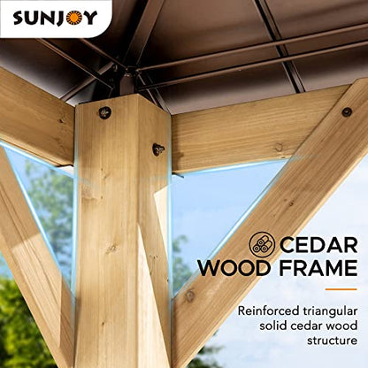 Sunjoy Hardtop Gazebo 13 x 15 ft. Upgrade Cedar Framed Wood Gazebo with Brown Steel and Polycarbonate Hip Roof Hardtop for Garden, Backyard Shade, Brown Roof + Natural Wood Frame - WoodArtSupply