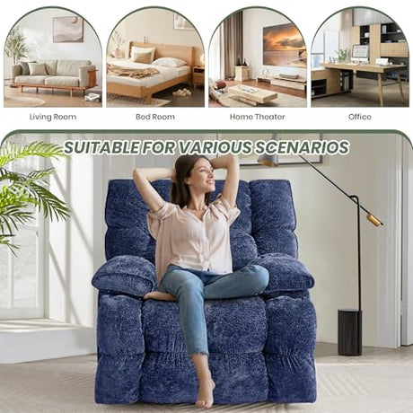 VIKAYAMICS Oversized Rocker Recliner Chair 42” Power Swivel Recliner for Living Room Overstuffed Extra Wide Rocking Recliners with Breathable Soft Fabric Up to 400lbs(Manual Blue) VIKAYAMICS