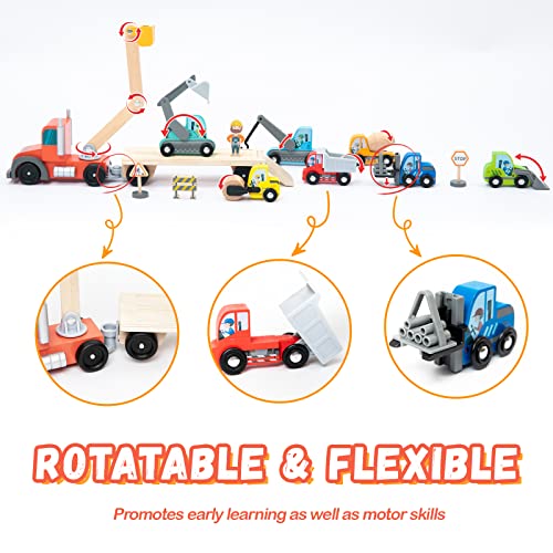 Wooden Construction Site Vehicles with Trailer 14 PCS Set, Vehicle Toys Cars for Toddlers and Kids Ages 3+ Gifts for Boys Girls, Compatible with Thomas and Other Major Brand Train Toy and Railway Set BBtinker