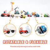 Wooden Construction Site Vehicles with Trailer 14 PCS Set, Vehicle Toys Cars for Toddlers and Kids Ages 3+ Gifts for Boys Girls, Compatible with Thomas and Other Major Brand Train Toy and Railway Set BBtinker