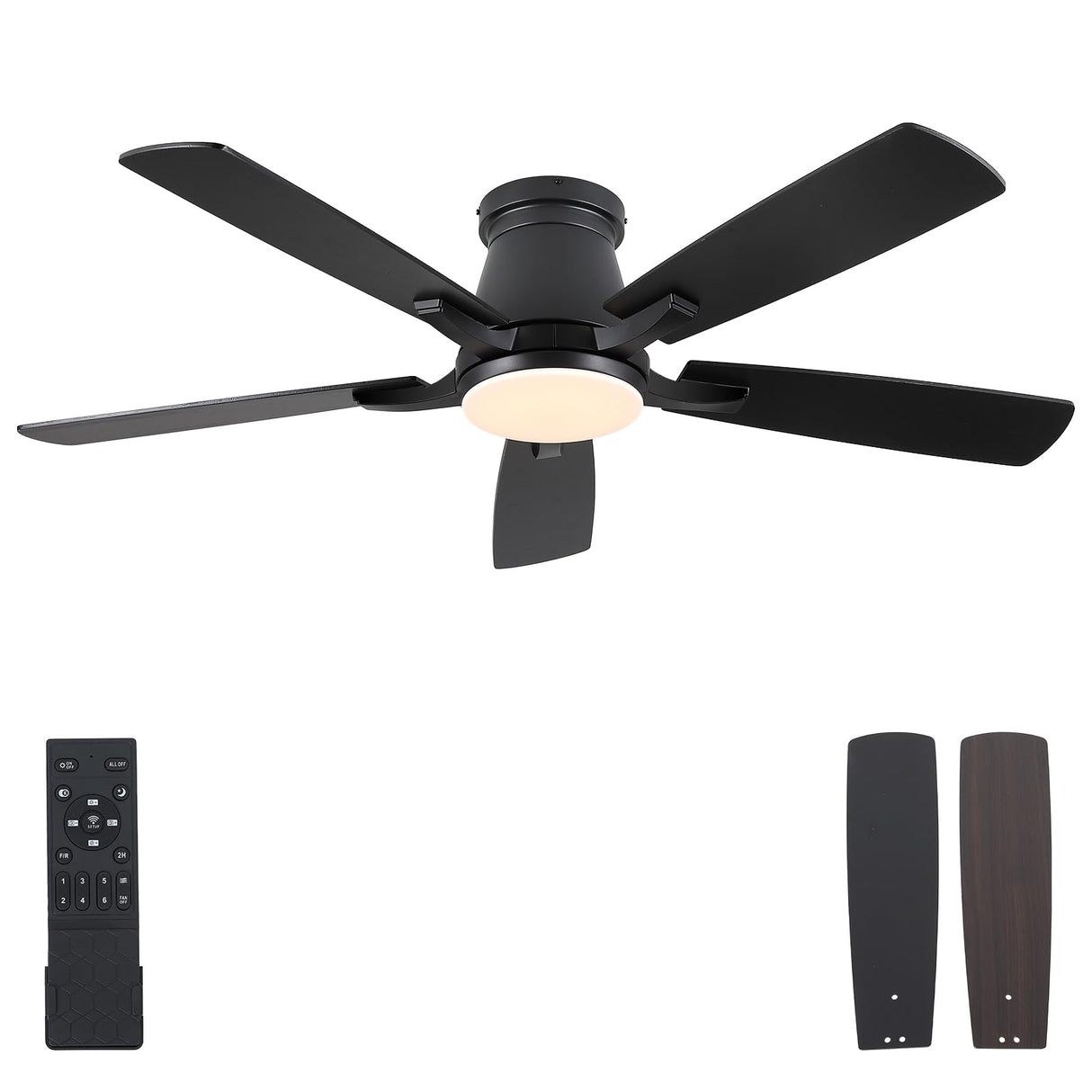 Surtime 52" Ceiling Fans with Lights-Low Profile Ceiling Fan with Light and Remote/APP Control,Flush Mount,DC Reversible,LED Dimmable Blakc Ceiling Fans for Bedroom,Indoor/Outdoor Patio Use Surtime