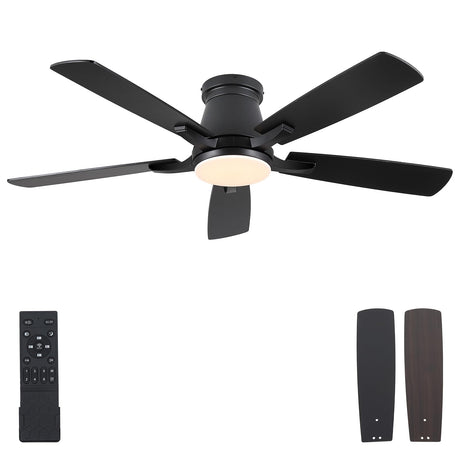 Surtime 52" Ceiling Fans with Lights-Low Profile Ceiling Fan with Light and Remote/APP Control,Flush Mount,DC Reversible,LED Dimmable Blakc Ceiling Fans for Bedroom,Indoor/Outdoor Patio Use Surtime