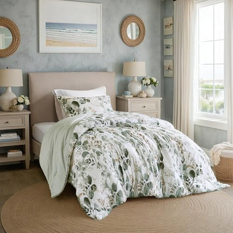 Regency Heights Lightweight Seersucker Botanical Comforter Set Twin Size, 2 Pieces Reversible Design with Striped Print, Premium Microfiber Bedding Set, Comforter and Sham Set, Green Regency Heights