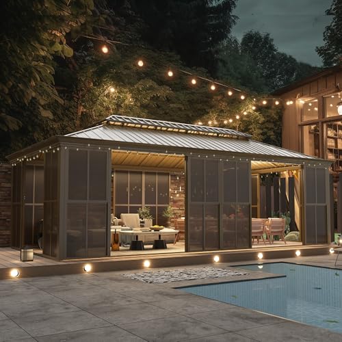 EROMMY 12' X 20' Hardtop Sunroom, Galvanized Steel Double Roof Gazebo Solarium with Detachable Windows & Lockable Doors, All-Weather Sun Room for Patio Deck Backyard