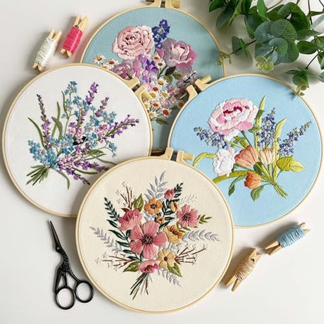 Myfelicity Embroidery Kit, 4 Flower Pattern Embroidery Set with 4 Patterns and 2 Hoops, Adult and Beginner Needlepoint Kit with Embroidery Floss, Needles, Cotton Fabric and Instructions… Myfelicity