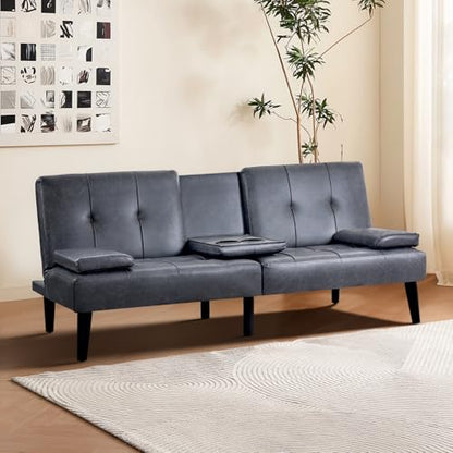 COLAMY Futon Sofa Bed-Leather Small Futon Couch, Futon Lounge Sofa, Futon Convertible with Cup Holder, Removable Armrest, Adjustable Backrest Darkgrey - WoodArtSupply