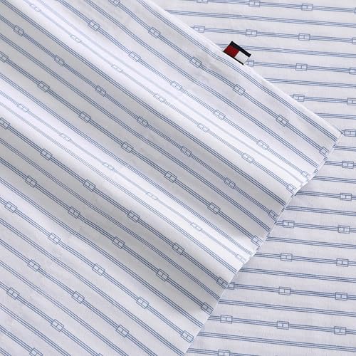 Tommy Hilfiger - Sheet Set, Cotton Percale Bedding with Matching Pillowcases, Crisp & Cool, Premium Quality Home Essentials (Monogram Stripe Blue, Queen) Tommy Hilfiger