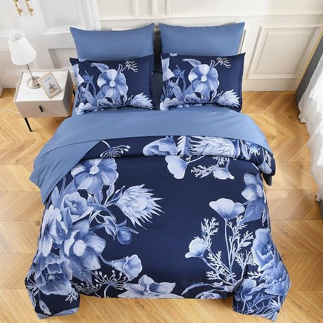 Luxudecor Floral Comforter Set King Size 7 Piece, Navy Blue Flower Bed in a Bag, Elegant Floral Comforter with Sheet Set, Soft Microfiber Bedding Set for All Season (Navy Blue, 104"x90") Luxudecor