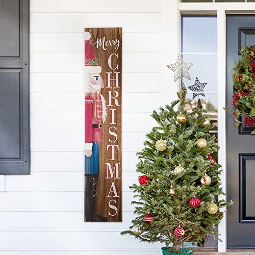 Glitzhome Wooden Welcome Sign for Front Door Porch Farmhouse Christmas Wall Hanging Nutcracker Sign Primitive Porch Sign for Christmas Festivals, 60”H - WoodArtSupply