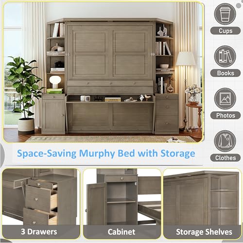 MERITLINE Queen Murphy Bed with Desk & Storage Shelves & Cabinets, Convertible Hidden Wall Bed with Lights and Drawers - Space-Saving Home Office Solution (Gray) MERITLINE