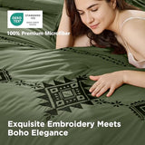 Baskbed Embroidered Boho Comforter Set King Size, 3-Piece Western Shabby Chic Bedding Set - Fluffy Ultra Soft Microfiber with Intricate Design, Includes 1 Green Comforter(102"x90") & 2 Pillowcases Baskbed