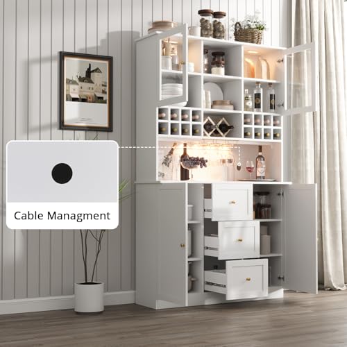 VOWNER 78'' Bar Cabinet with LED Light and Storage Shelves, Tall Freestanding Liquor Cabinet with Wine & Glasses Rack, Storage Cabinet for Kitchen,Dining Room, White VOWNER