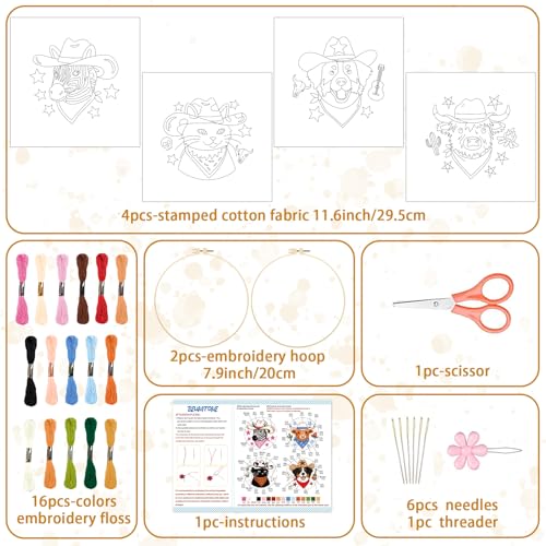 BEUNITONE 4 Set Embroidery Kit for Beginners, Animal Cowboy Patterns Cross Stitch Kits, Needlepoint Kits for Adults with Hoop, Cute Hand Embroidery Patterns for Cloth and Home Decor