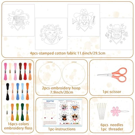 BEUNITONE 4 Set Embroidery Kit for Beginners, Animal Cowboy Patterns Cross Stitch Kits, Needlepoint Kits for Adults with Hoop, Cute Hand Embroidery Patterns for Cloth and Home Decor BEUNITONE