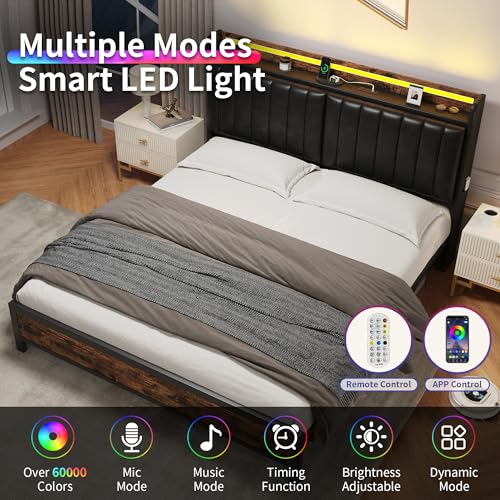 Queen Size Bed Frame with Adjustable Backrest Hidden Storage Headboard, PU Leather Upholstered Queen Bed Frame with Charging Station and LED Lights, Heavy Duty, No Box Spring Needed, Black&Brown Jocoevol