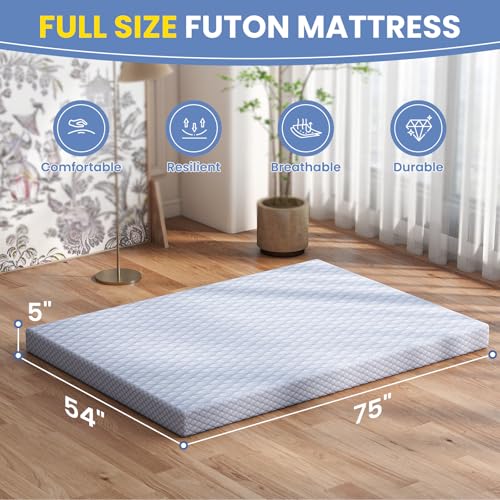 Begonia.K 5 Inch Futon Mattress Full Size - Thick Futons Sofa Couch Bed for Adults - Memory Foam Floor Mattress - Futon Cushion Replacement for Camping & Guest (Frame Not Included) Begonia.K