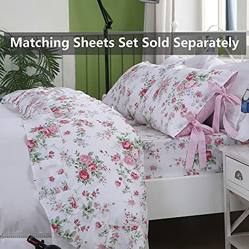 FADFAY Rose Floral Comforter Set Twin Shabby Floral Summer Quilt 100% Cotton Fabric with Soft Microfiber Inner Fill Bedding Lightweight Reversible All Season Down Alternative Duvet Insert 3Pcs, Twin FADFAY