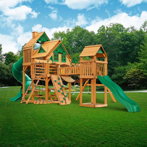 Gorilla Playsets 01-1037-AP Treasure Trove Treehouse Wood Swing Set with Tube Slide, Built-in Sandbox Area, and Clatter Bridge, Amber Gorilla Playsets