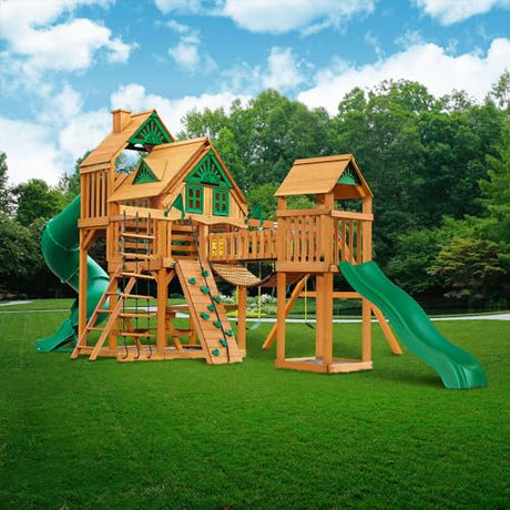 Gorilla Playsets 01-1037-AP Treasure Trove Treehouse Wood Swing Set with Tube Slide, Built-in Sandbox Area, and Clatter Bridge, Amber Gorilla Playsets