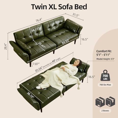 HALLYBEE Futon Sofa Bed, Sleeper Sofa, Small Couch with Storage Adjustable Armrests Pillows, Faux Leather Loveseat, Mid Century Modern Couches for Living Room, Bedroom, Apartment, Olive Green HALLYBEE