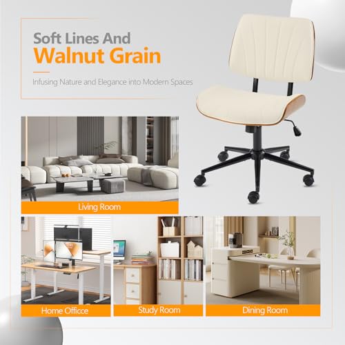 VINGLI Wide Curved Seat&Back Armless Home Office Chair,Ergoromic Adjustable-Height Desk Chair,Swivel&Tilting Function,Stylish Walnut Task Chair for Meeing Room,Dining Room,PU,Khaki VINGLI