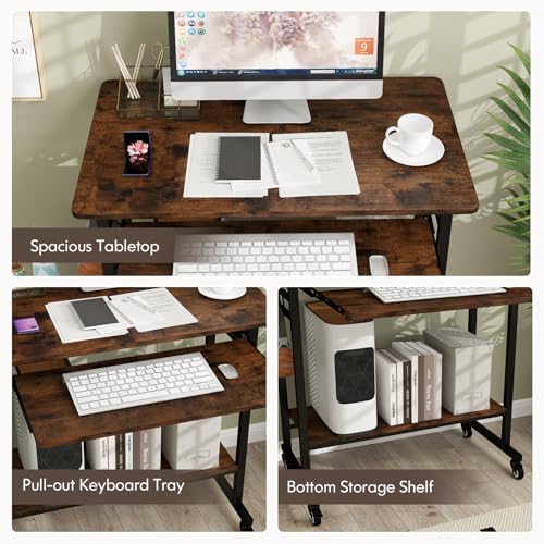 Tangkula Rolling Computer Desk Cart with Keyboard Tray, Mobile Portable Laptop PC Desk with CPU Stand & 3 Hooks for Sofa & Bed, Industrial Small Desk on Wheels for Small Spaces, Home Office Desk Tangkula