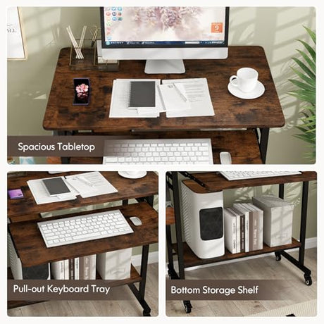 Tangkula Rolling Computer Desk Cart with Keyboard Tray, Mobile Portable Laptop PC Desk with CPU Stand & 3 Hooks for Sofa & Bed, Industrial Small Desk on Wheels for Small Spaces, Home Office Desk Tangkula