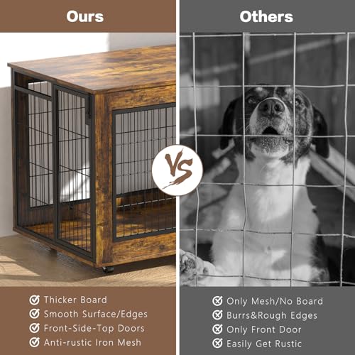 EasyCom Dog Crate Furniture, Extra Large Dog Kennel Indoor with Top-Access Teasing/Feeding Door, Spacious Dog House Moveable Furniture-Style Dog Cage with Wheels Double Doors - WoodArtSupply