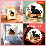 Zhenqing Black Cat Embroidery Kit for Beginners, Pre-Printed 29x29cm Cotton Fabric with 20cm Hoop, Cat on Books with Plant Design for Home Decor(C0075)