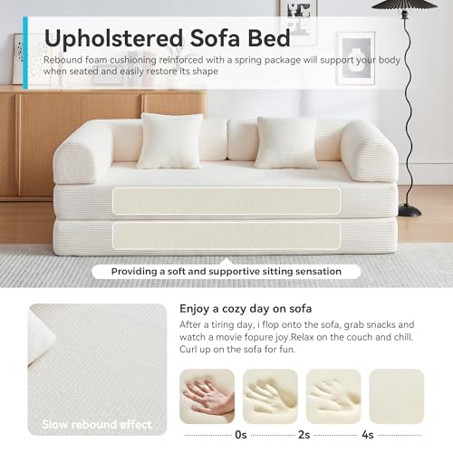 QQR Convertible Folding Mattress Couch, 5-in-1 Futon Sofa with Armrests, Sleeper Mattress Sofa Bed Comfy Fold Out Bed for Living Room, Bedroom, Lounge,Guest, Office (Beige White) QQR