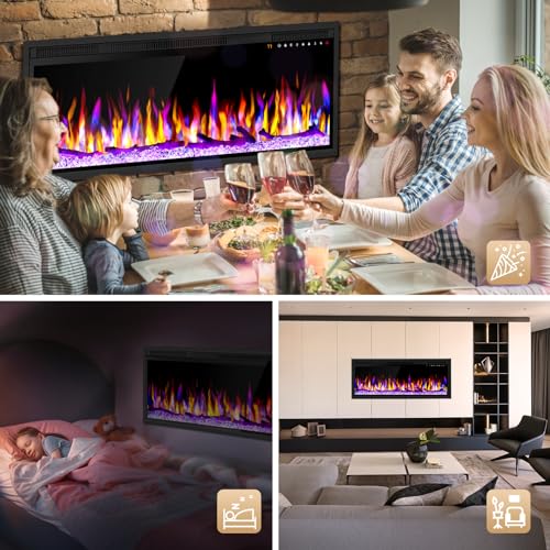 42 Inch WiFi-Enabled Electric Fireplace, 1500W Smart Fire Place Hetaer Inserts and Wall-Mounted W/Touch Screen & Remote Control, Adjustable 13 Flame Color and 5 Brightness, 12H Timer for Living Room Riseon