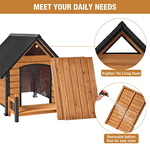 Dog House with Anti-Bite Metal Iron Frame Outdoor Wooden Dog Kennel Indoor Puppy Shelter for Small Medium Large Dogs Weatherproof(Brown)