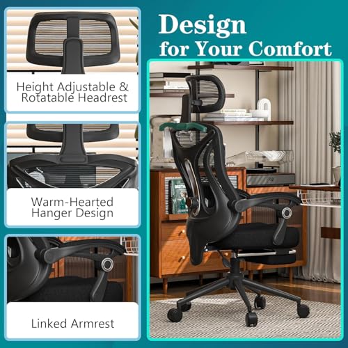 Ergonomic Office Chair with Footrest - Adjustable Lumbar Support & Headrest, 90-160° Reclining Mesh Back Computer Chair - Home Office/Gaming, 350lbs Capacity (SGS Certified) CYKOV