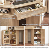 Lerliuo Corner Vanity Desk with 3 Way Mirror and Lights, 46'' Rattan Makeup Vanity with Glass Top Drawer, Natural Wood Make Up Storage Cabinets with Charger for Bedroom Lerliuo