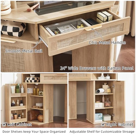 Lerliuo Corner Vanity Desk with 3 Way Mirror and Lights, 46'' Rattan Makeup Vanity with Glass Top Drawer, Natural Wood Make Up Storage Cabinets with Charger for Bedroom Lerliuo
