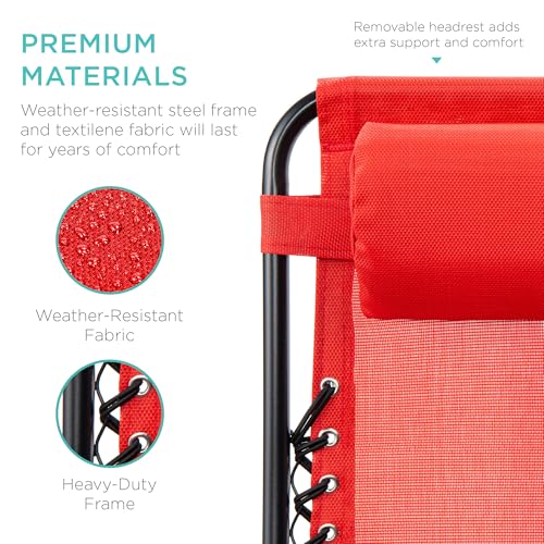 Best Choice Products Set of 2 Adjustable Steel Mesh Zero Gravity Lounge Chair Recliners w/Pillows and Cup Holder Trays - Crimson Red